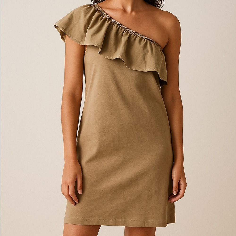 A New Day One Shoulder Ruffle Dress Tan Khaki 100% Cotton Women’s Size Medium